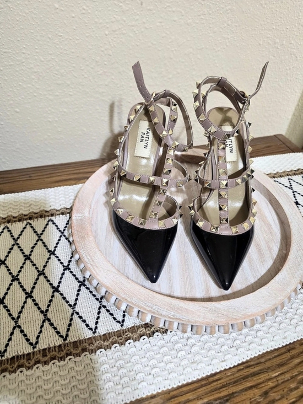 Women's Studded Black and Beige Pointed Toe HeelsKaitlyn Pan Studded Caged Pumps